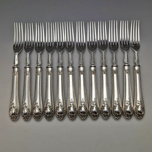 Around 1900 British antique silver plated cutlery 12 pair set in wooden box Walker & Hall
